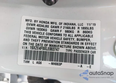 2020 Honda Insight Touring z USA, uszkodzony, nr VIN 19XZE4F9XLE003747